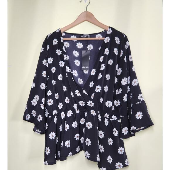 Nasty Gal Daisy Me Rollin' Wrap Top Peplum Blouse Plus Size 22 Black Boho Casual - Picture 3 of 8